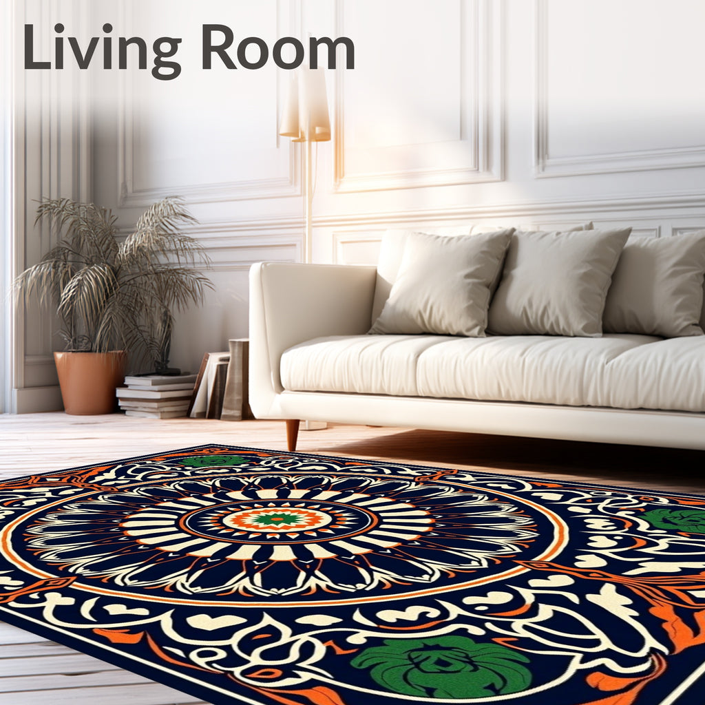 Navy Orange Green Floral Mandala Rug