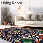Navy Orange Green Floral Mandala Rug