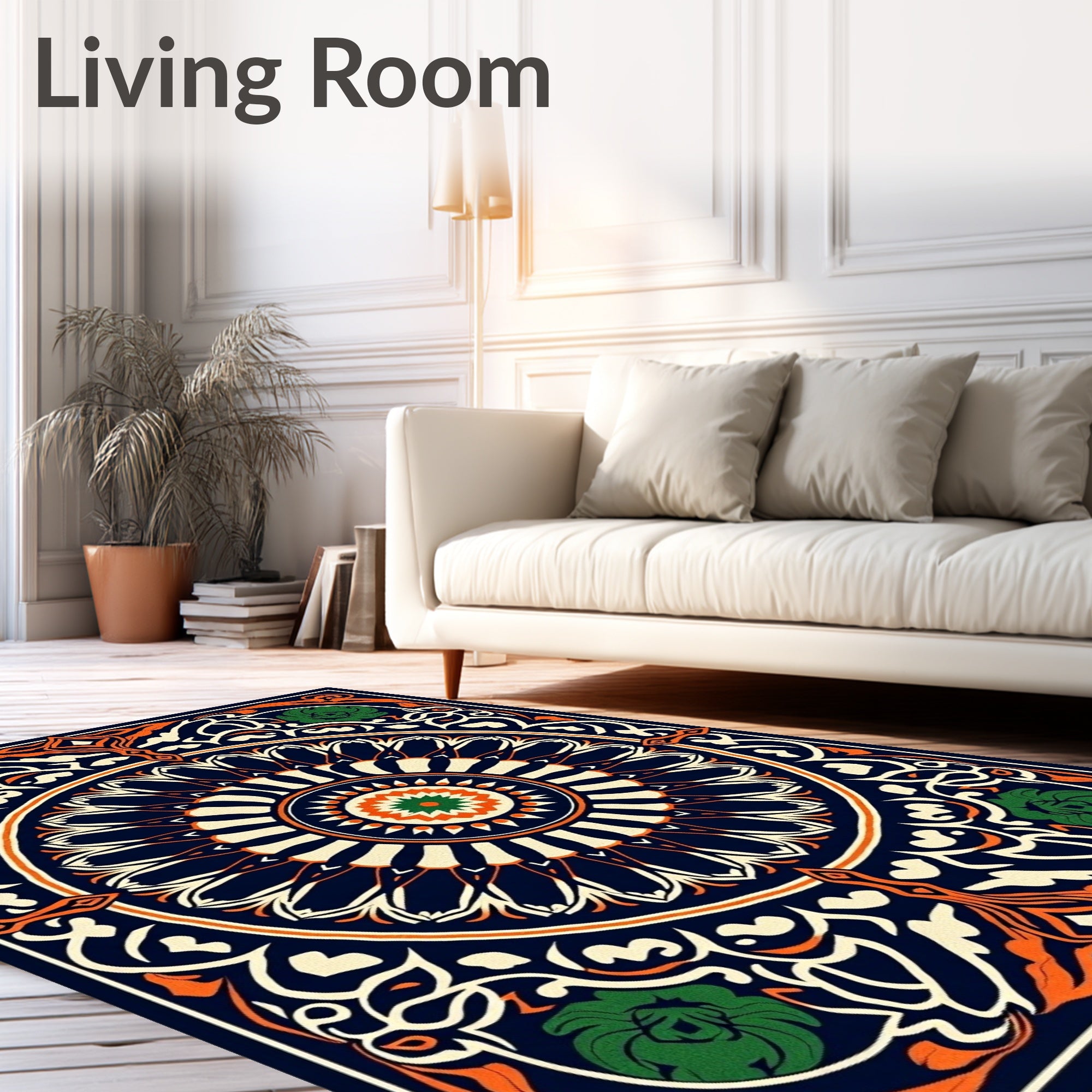 Navy Orange Green Floral Mandala Rug