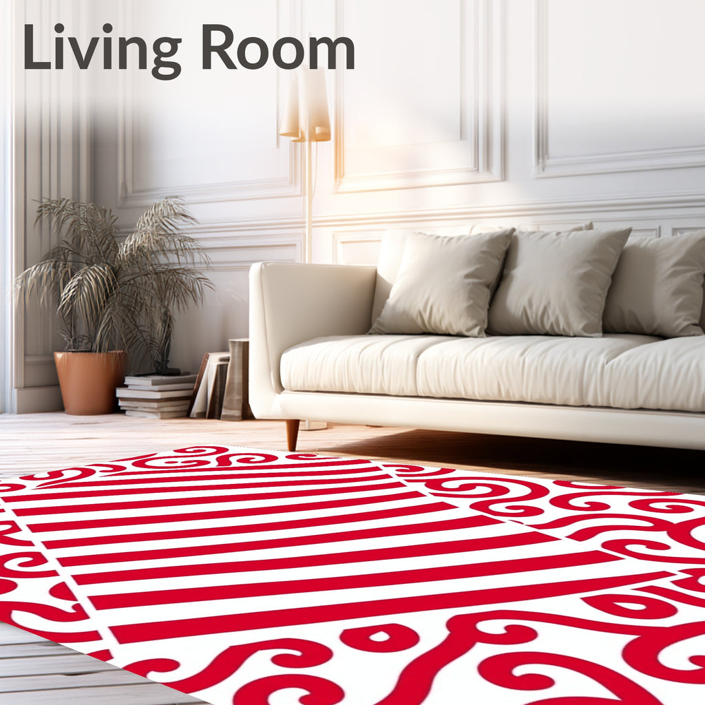 Red White Diagonal Stripe Swirls Rug