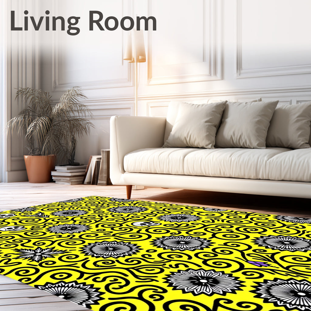Yellow Black Skull Floral Swirl Rug