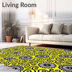 Yellow Black Skull Floral Swirl Rug