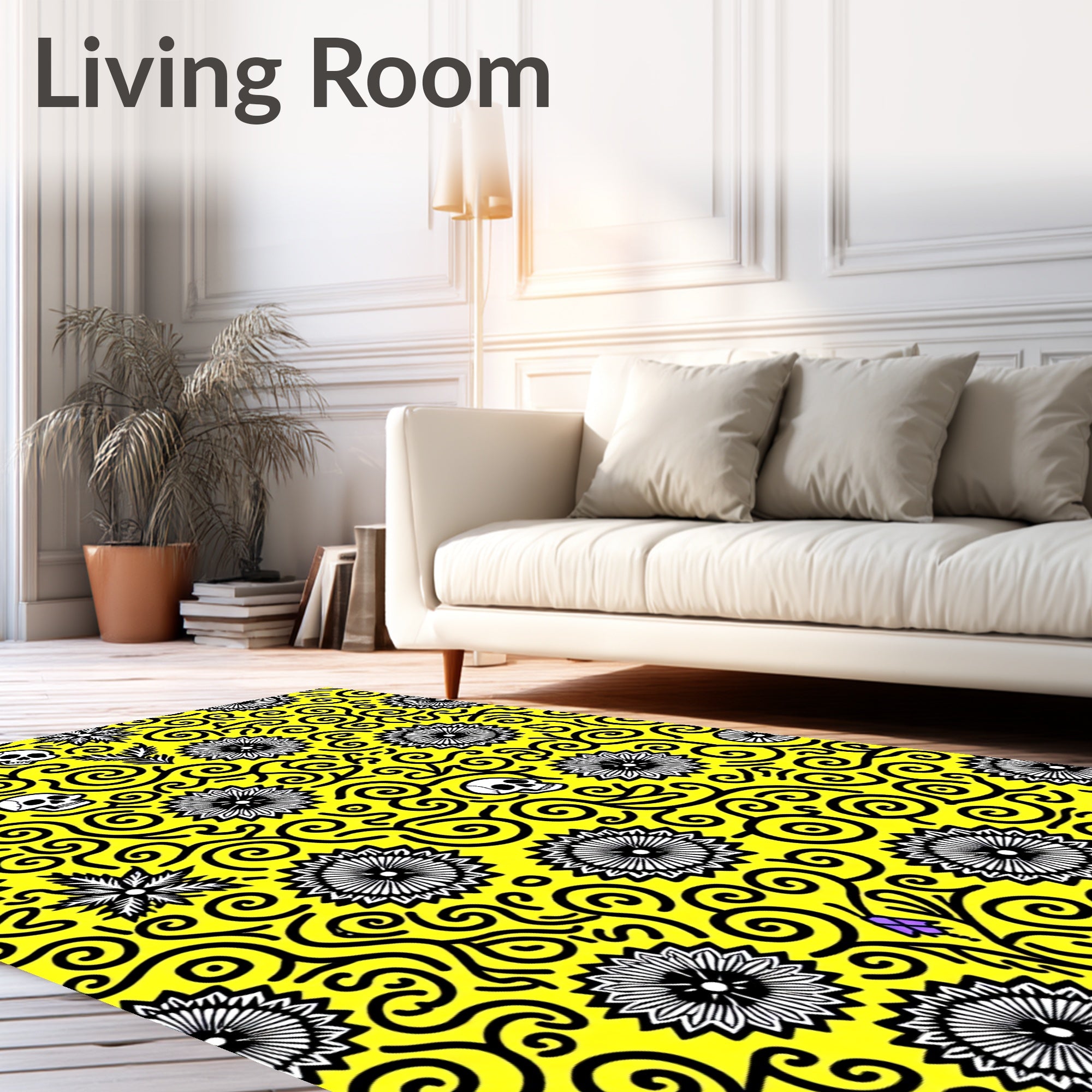 Yellow Black Skull Floral Swirl Rug