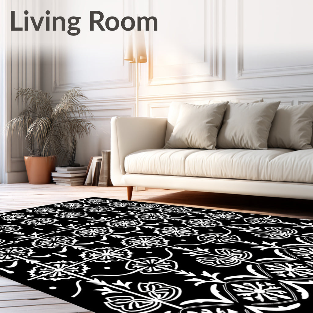 Black White Floral Geometric Art Nouveau Rug