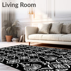 Black White Floral Geometric Art Nouveau Rug