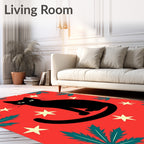 Black Cat Surrounded by Stars and Leaves Rug