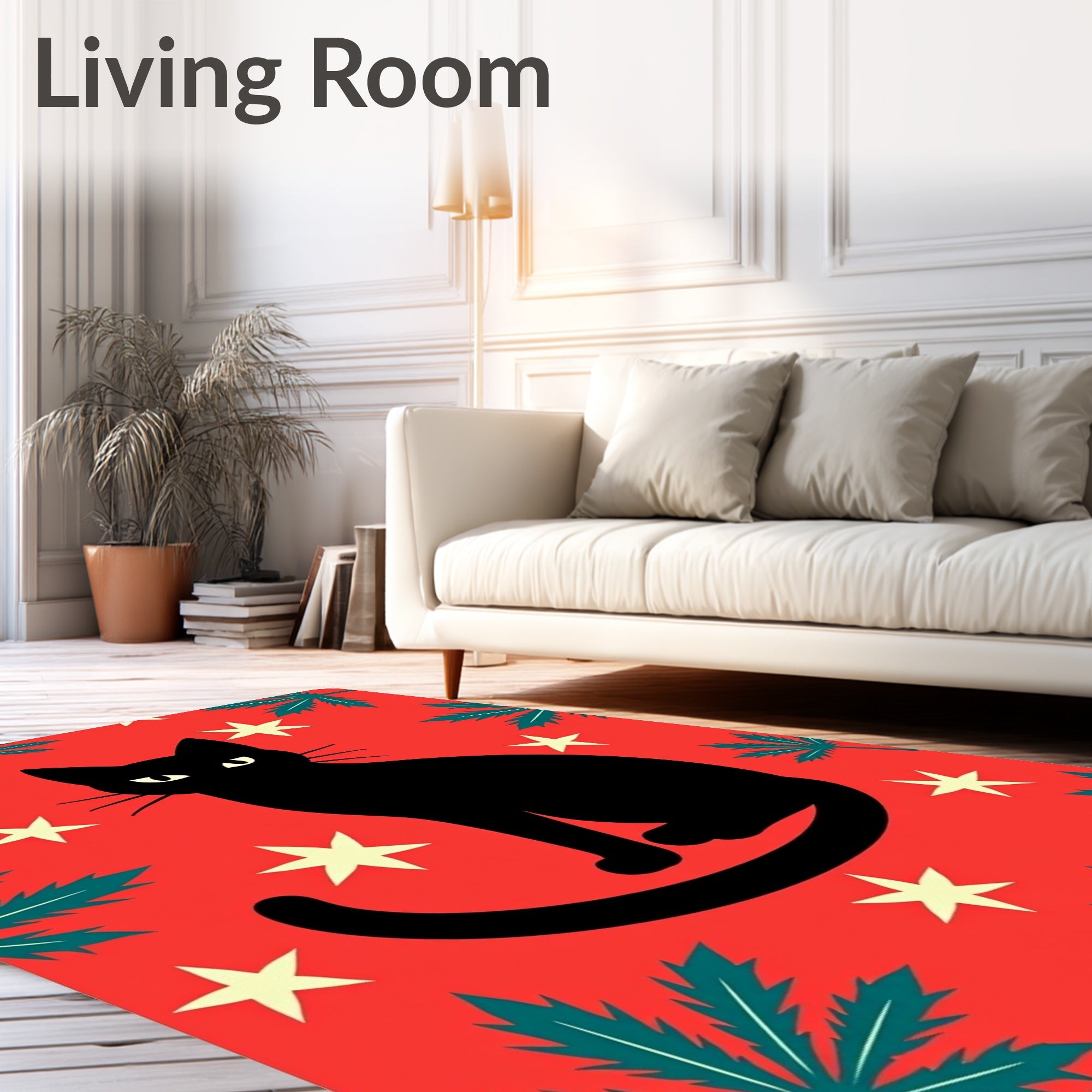 Black Cat Surrounded by Stars and Leaves Rug