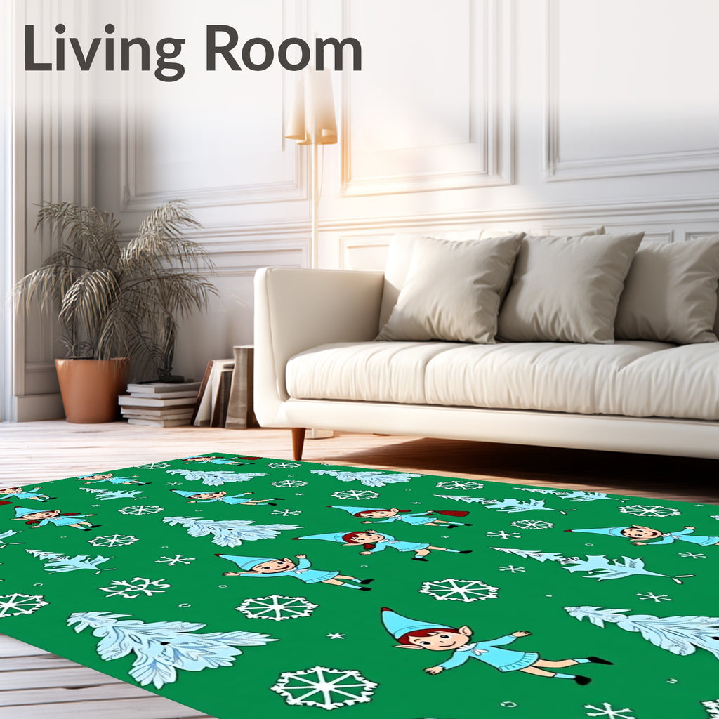 Whimsical Elf Snowflakes Green Christmas Trees Rug