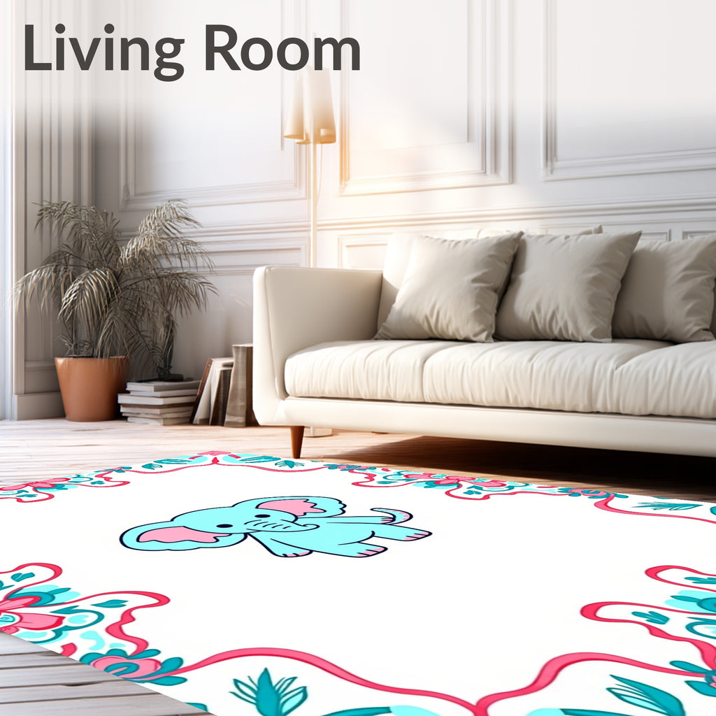 Charming Aqua Elephant Tribal Border Rug