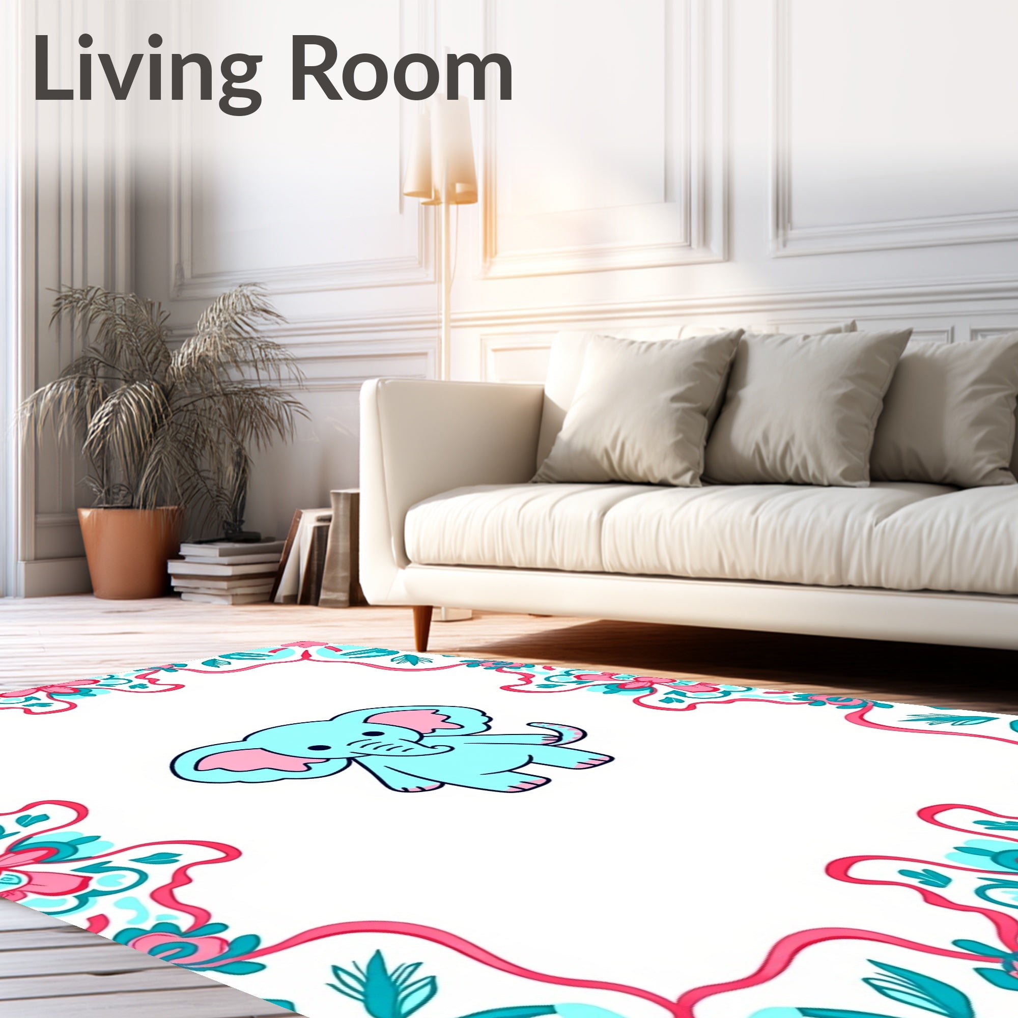 Charming Aqua Elephant Tribal Border Rug