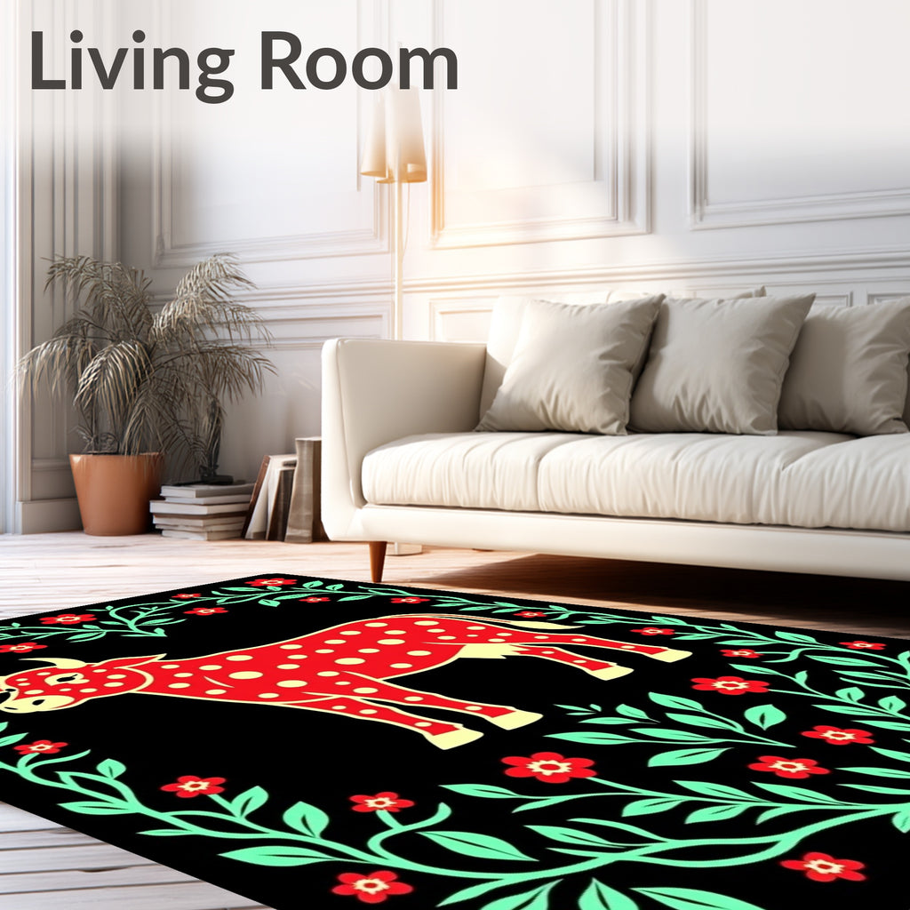Red Polka Dot Cow Floral Border Rug