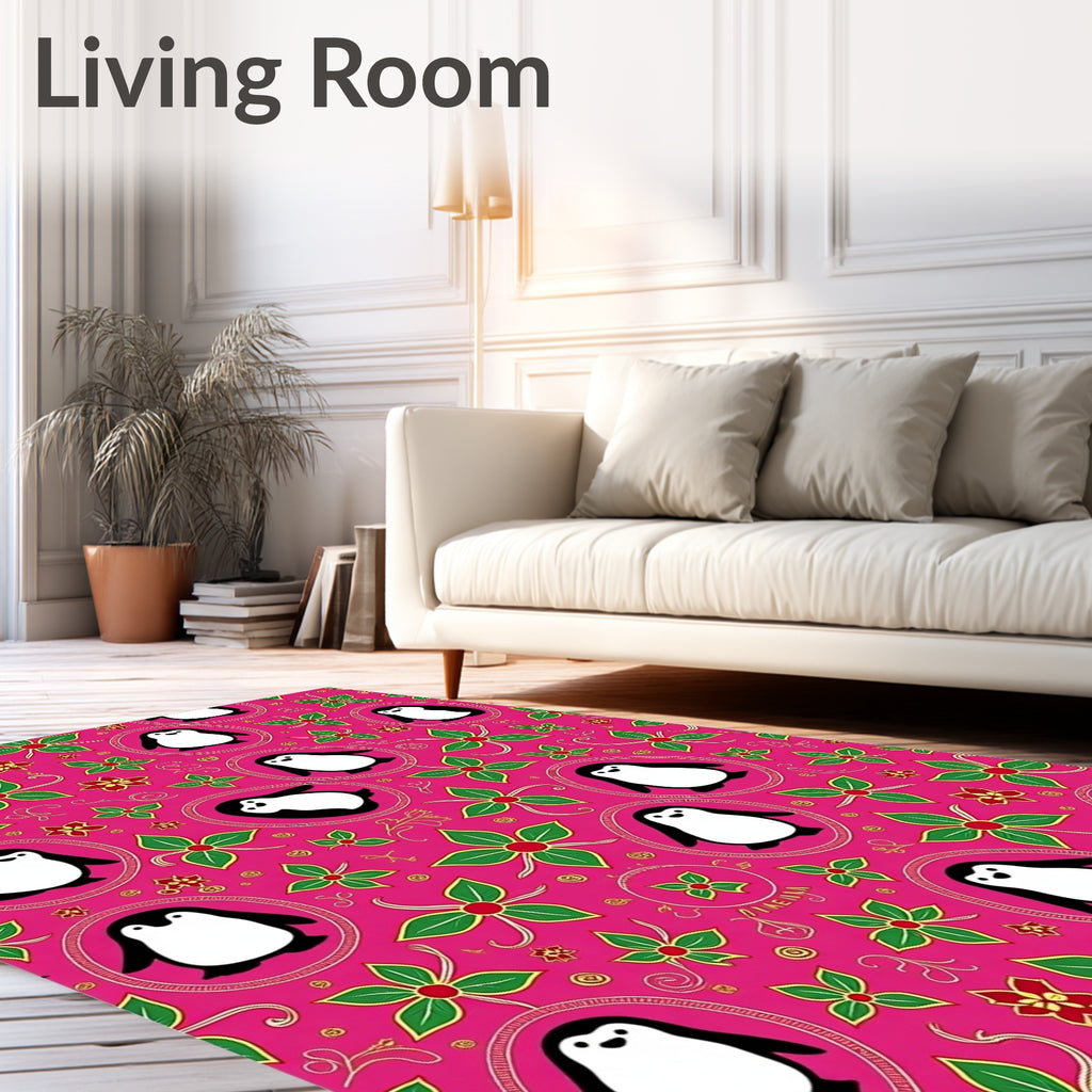 Pink Penguin Floral Whimsical Garden Rug
