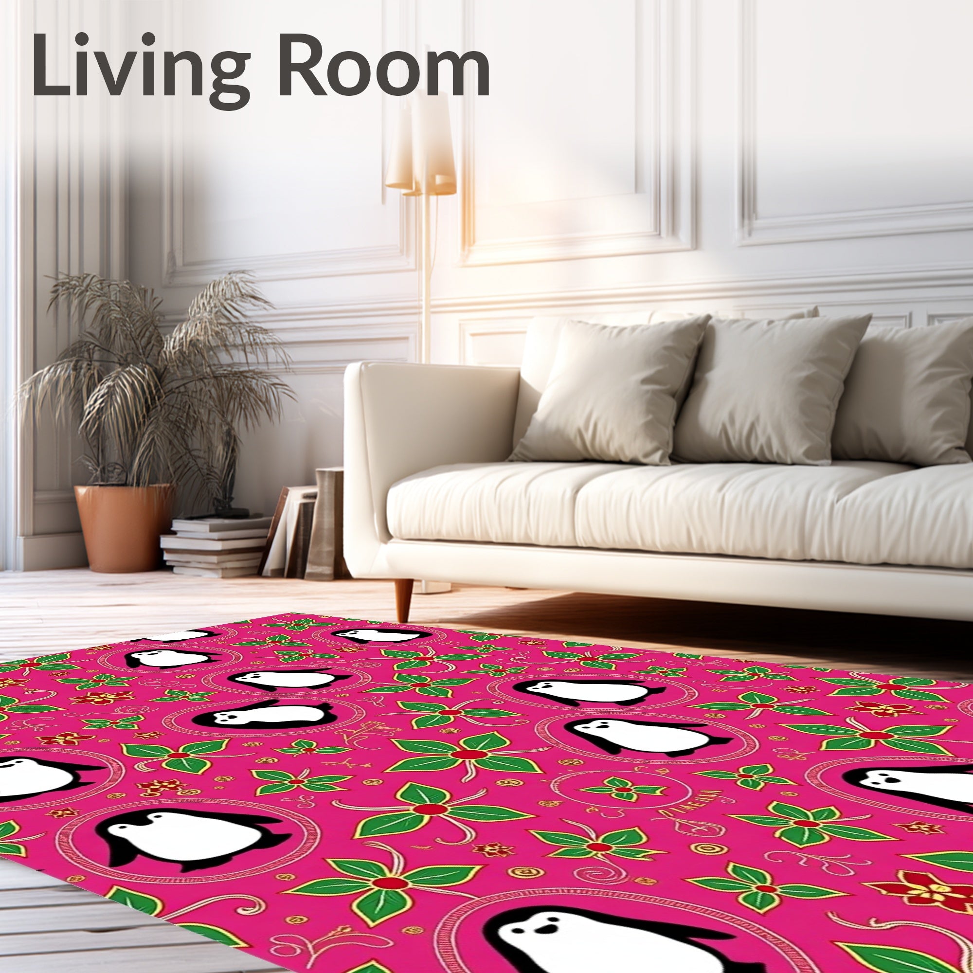 Pink Penguin Floral Whimsical Garden Rug
