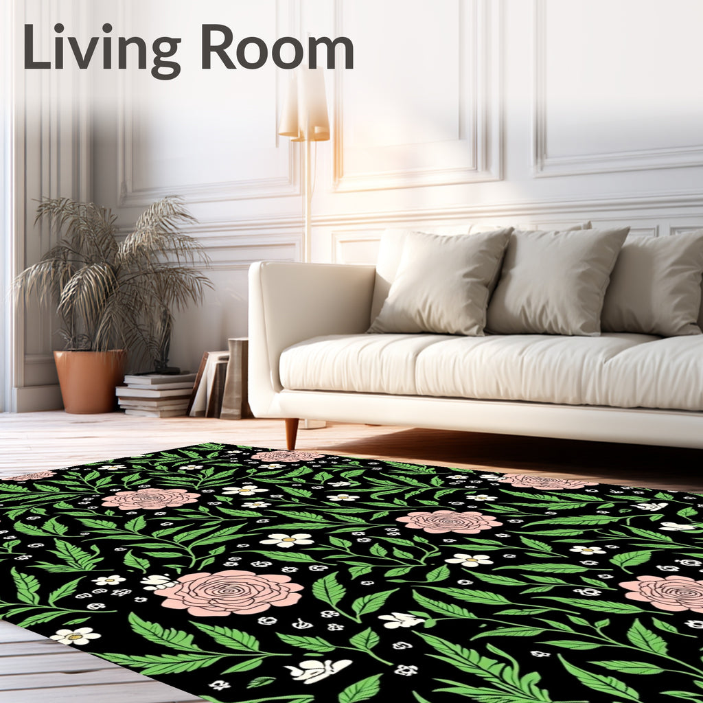 Black Pink Floral Garden Vines Rug