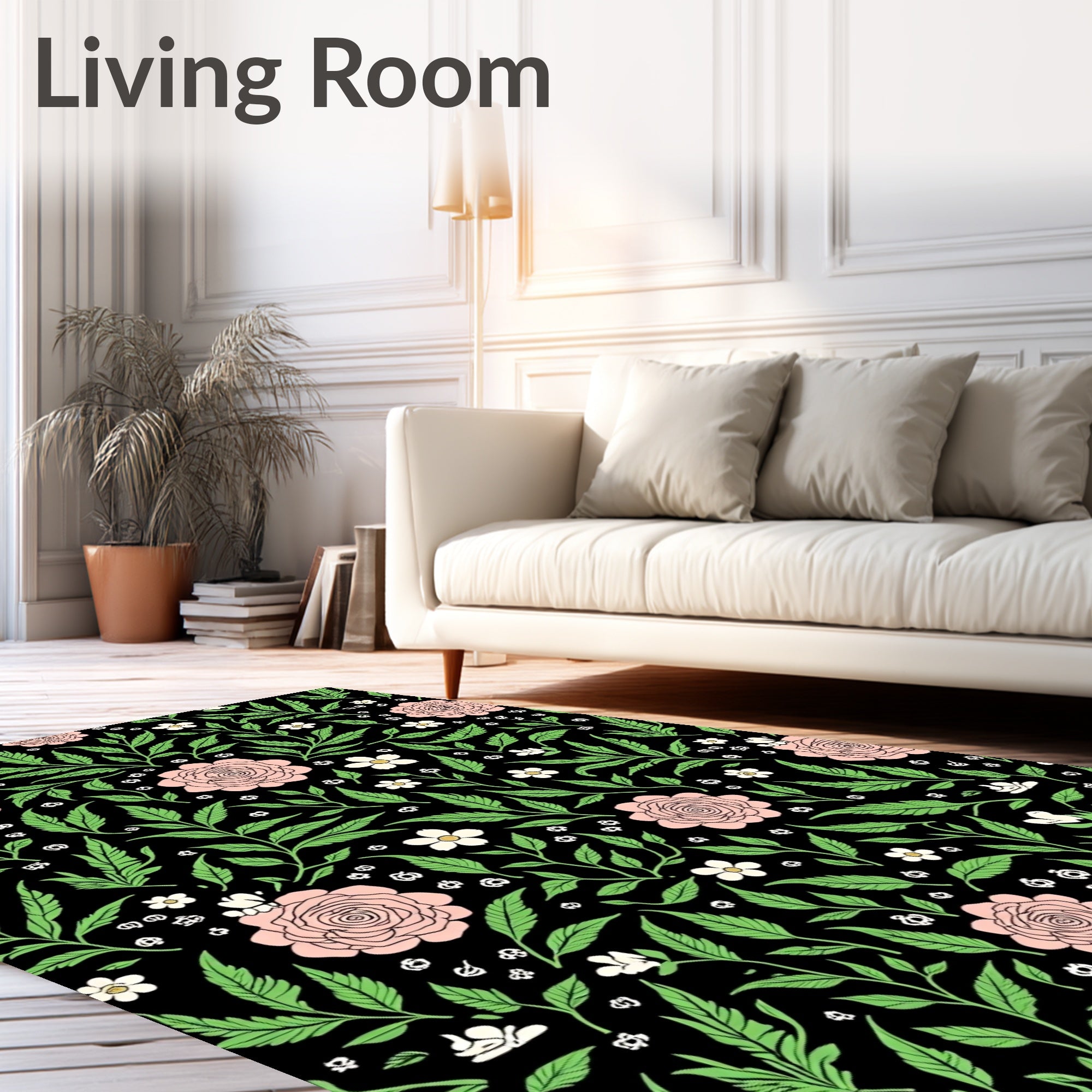 Black Pink Floral Garden Vines Rug