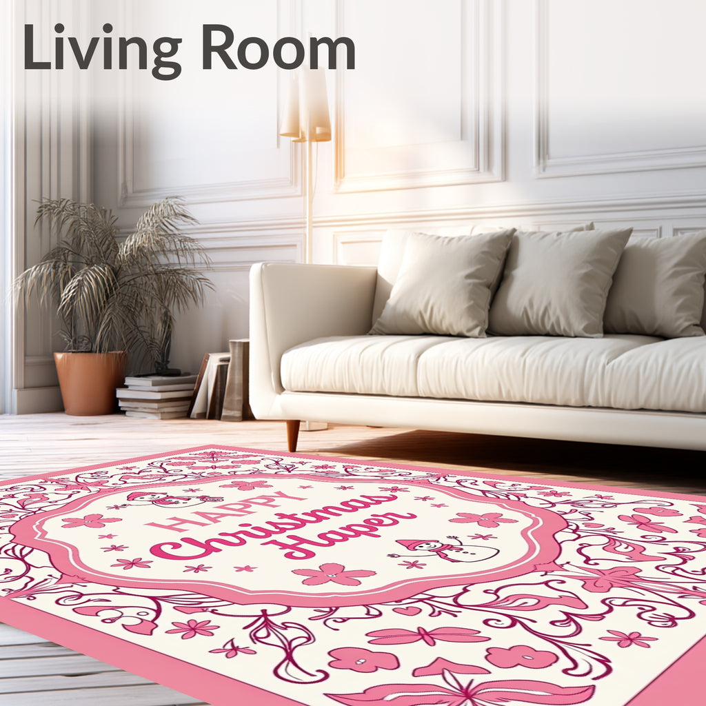 Pink Floral Snowman Christmas Border Rug