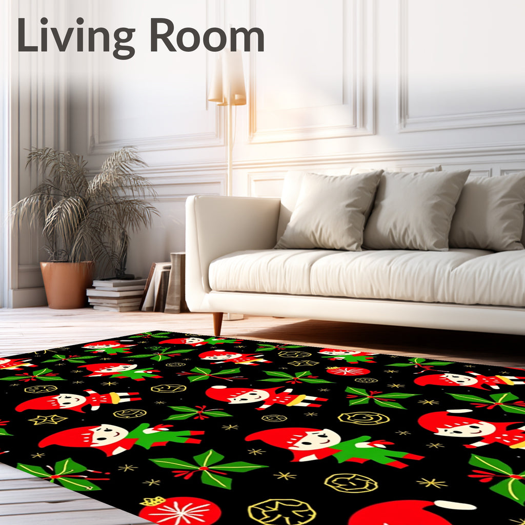 Festive Christmas Elves Poinsettia Black Rug