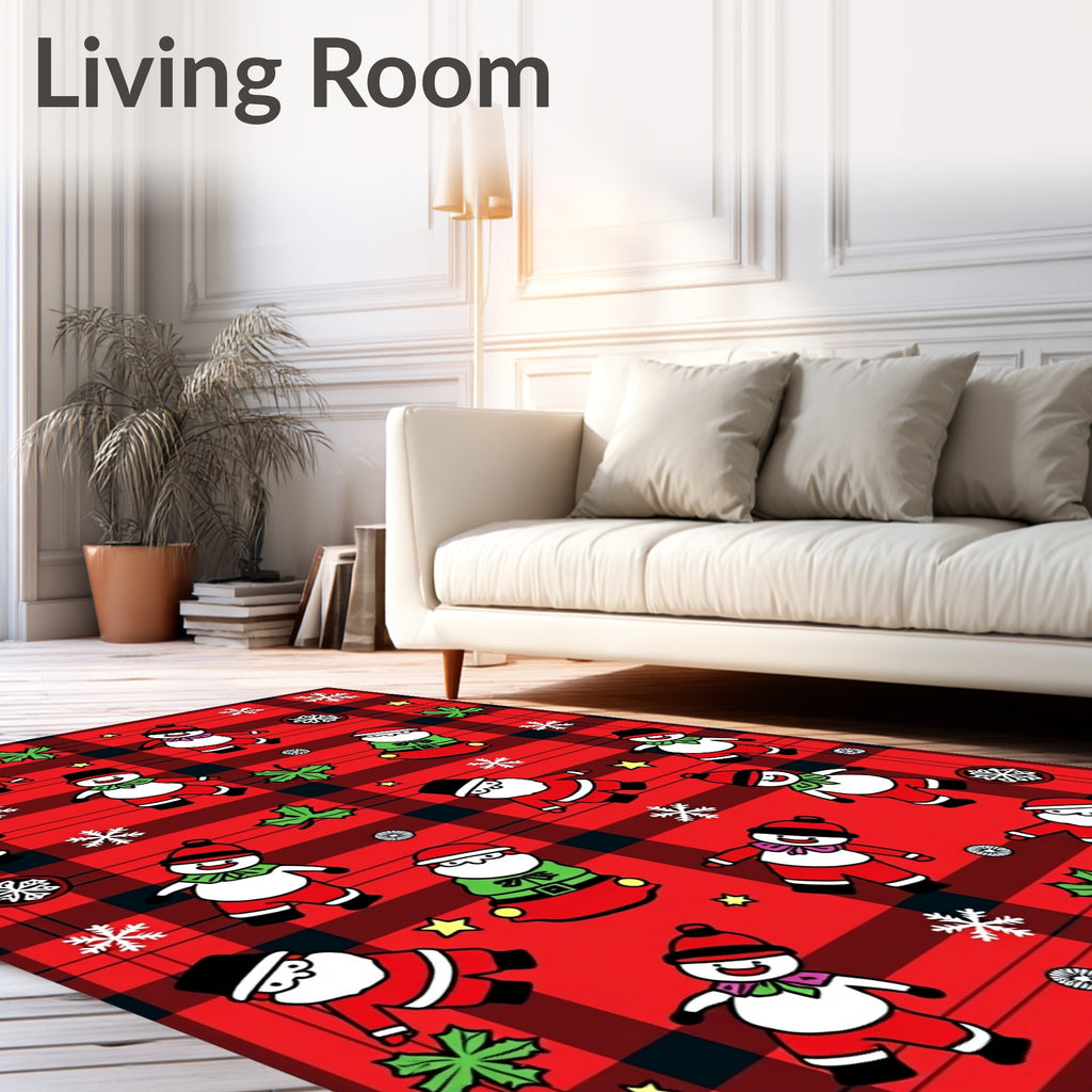 Jolly Santa Snowman Plaid Christmas Rug