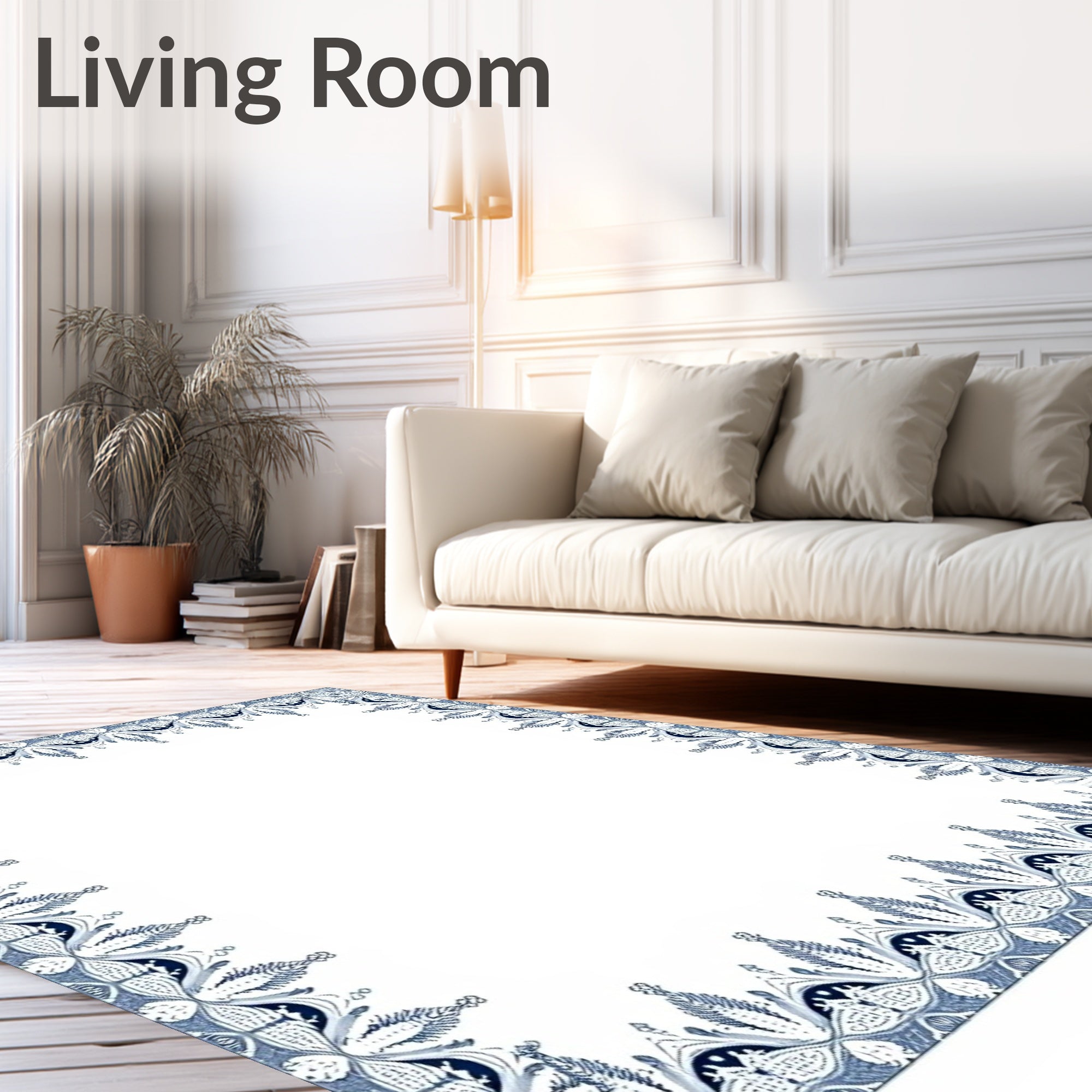 Classic Blue White Filigree Border Rug