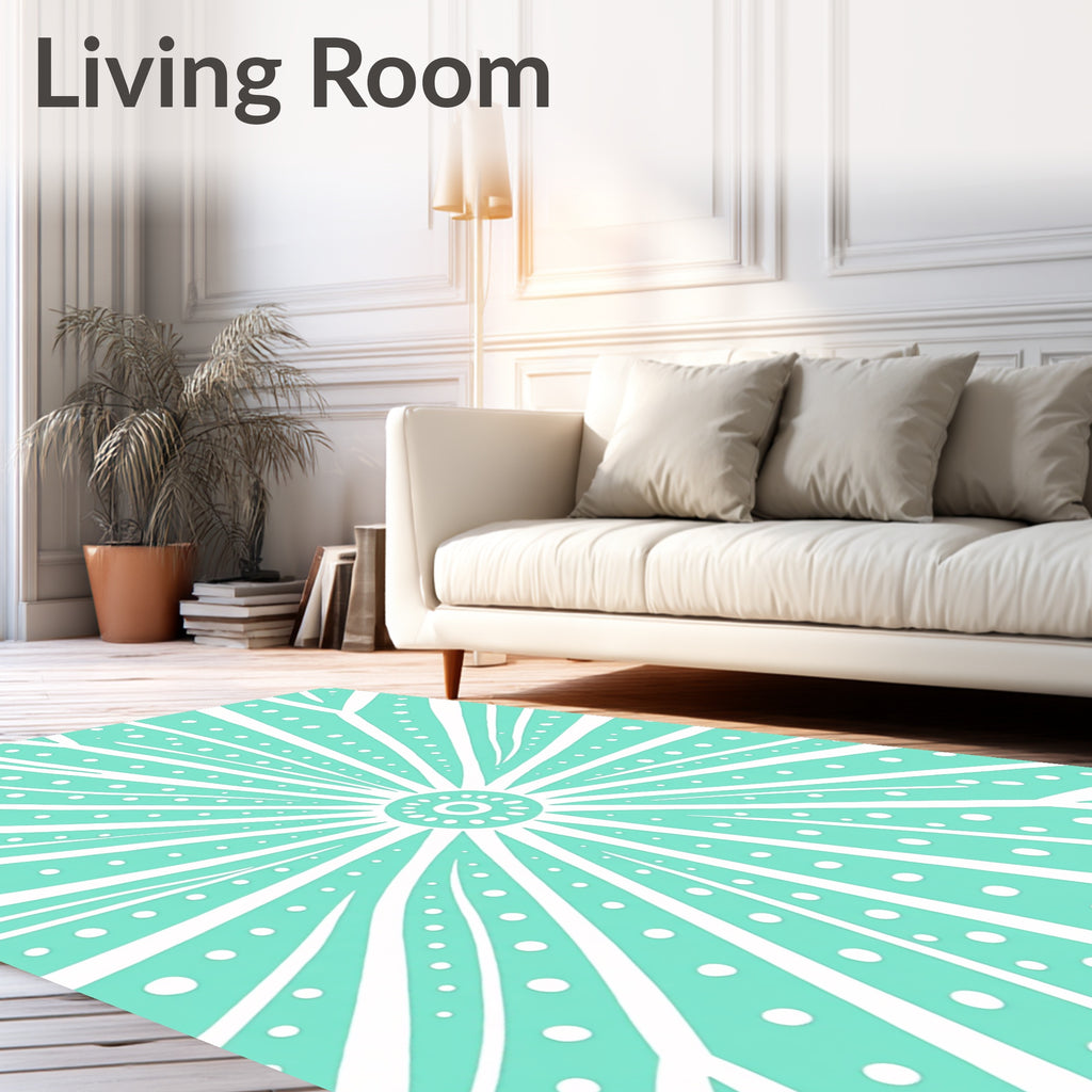 Aqua White Starburst Sunburst Rays Rug