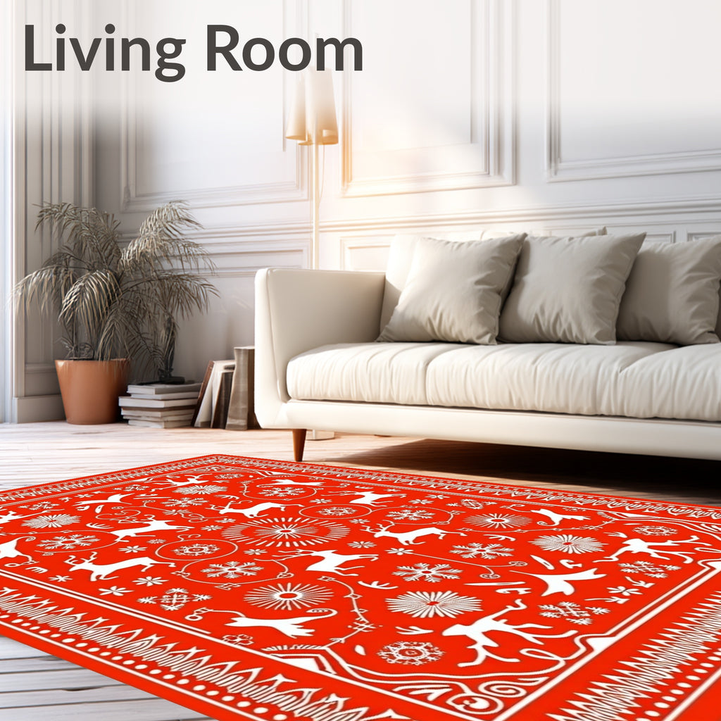Bright Red Winter Deer Snowflake Scene Rug