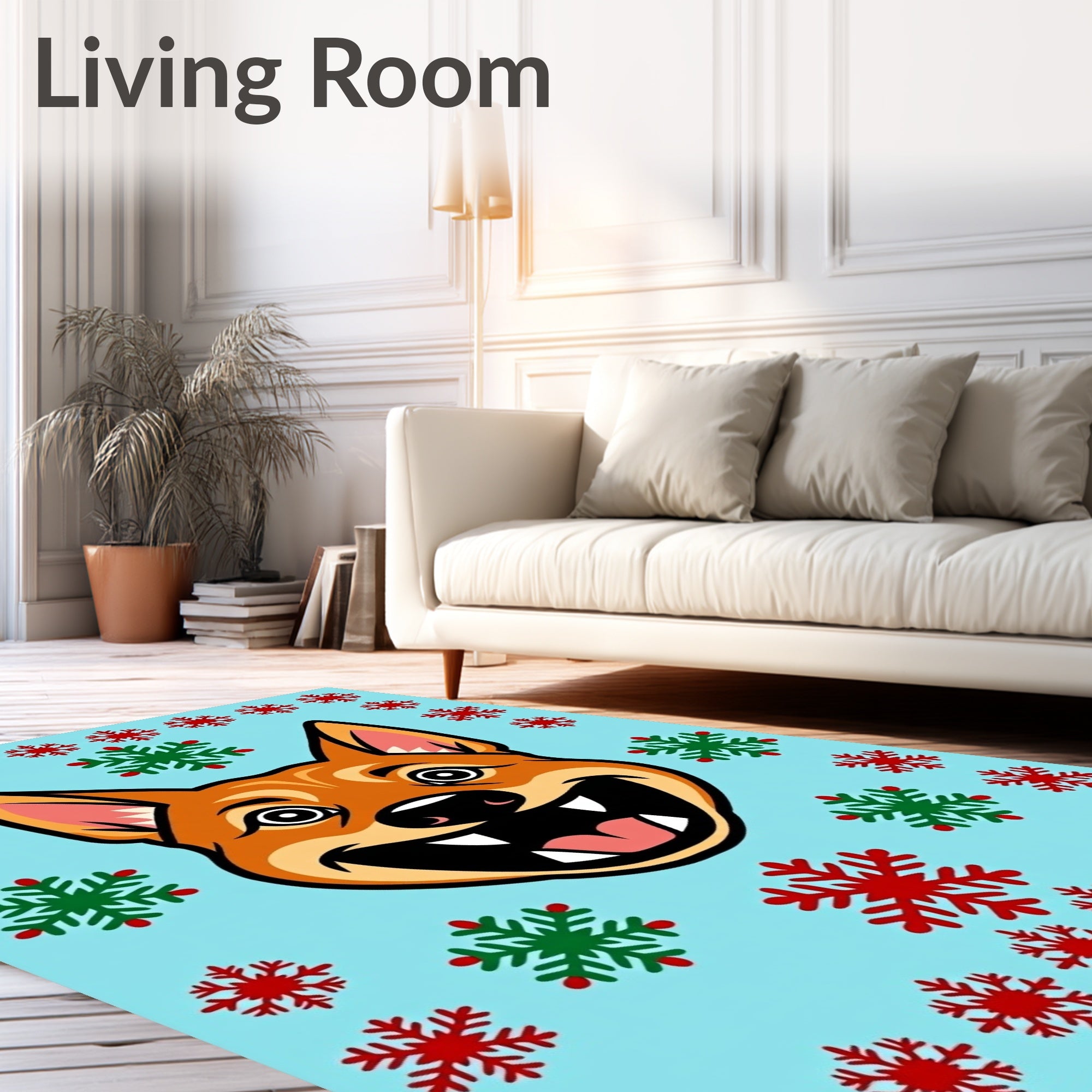 Happy Dog With Snowflakes Border Rug