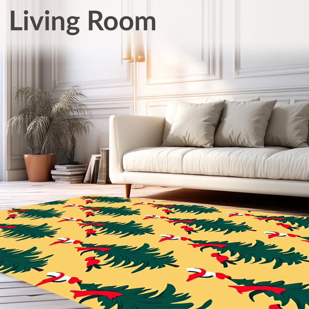 Winter Green Trees Red Birds Yellow Background Rug