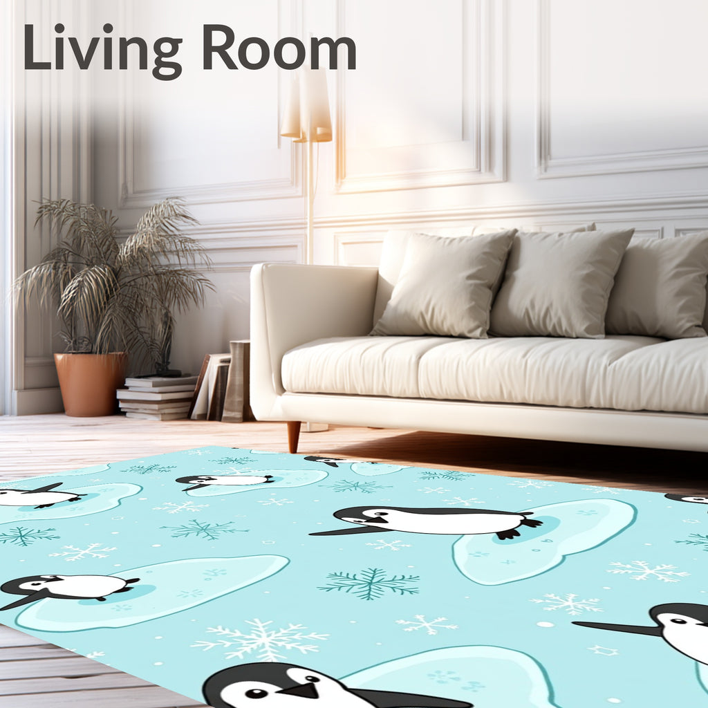 Whimsical Penguin Snowflakes Ice Floes Rug