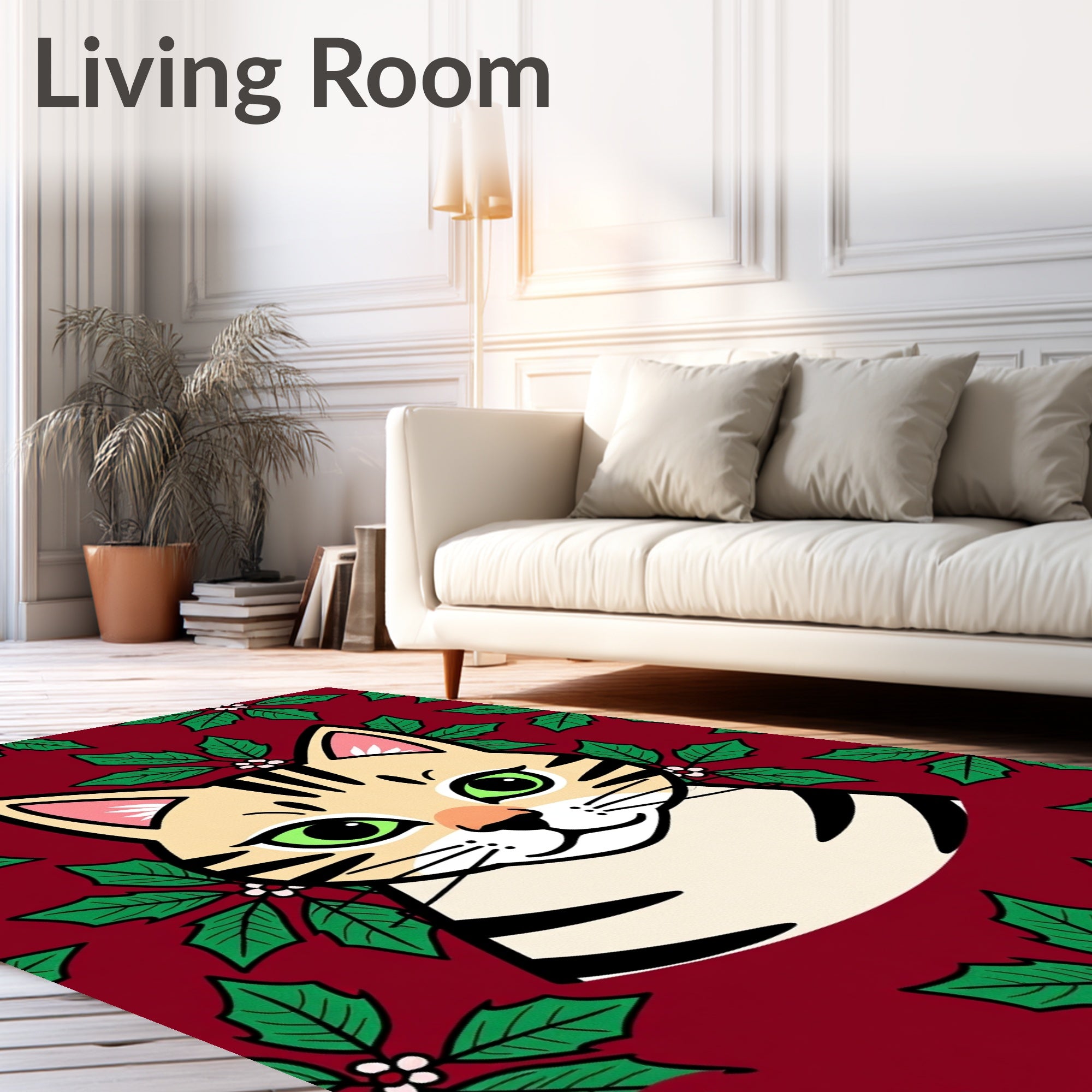 Festive Cat Holly Berry Red Rug