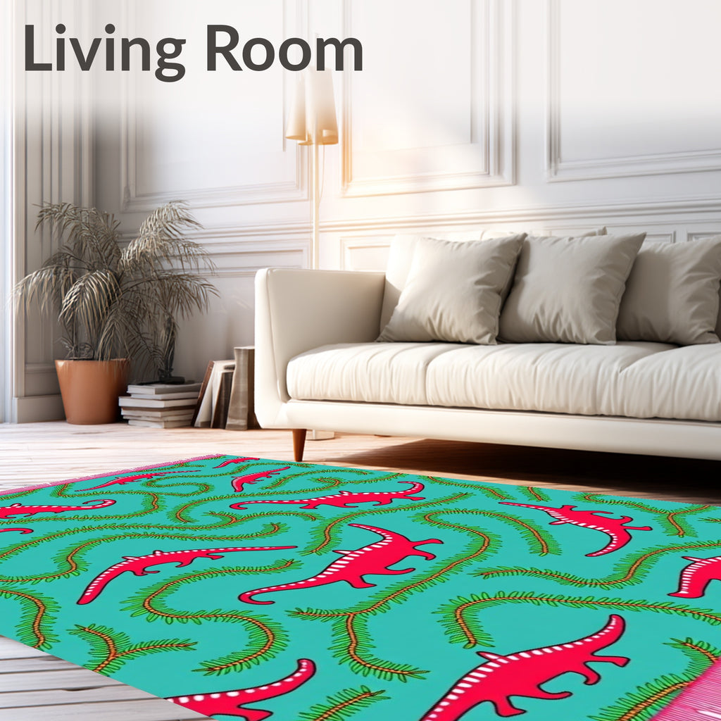 Red Dinosaurs With Green Vines Rug