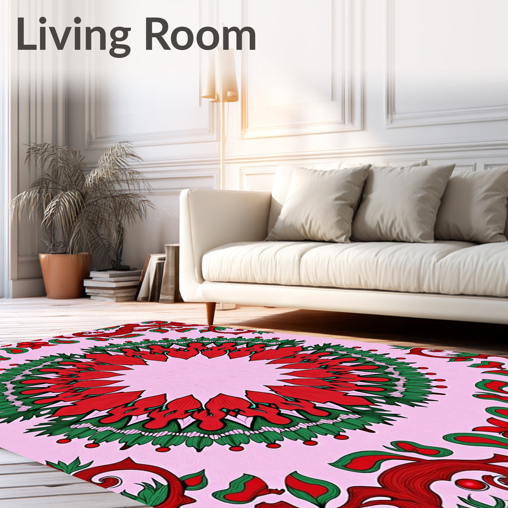 Pink Red Green Floral Mandala Rug