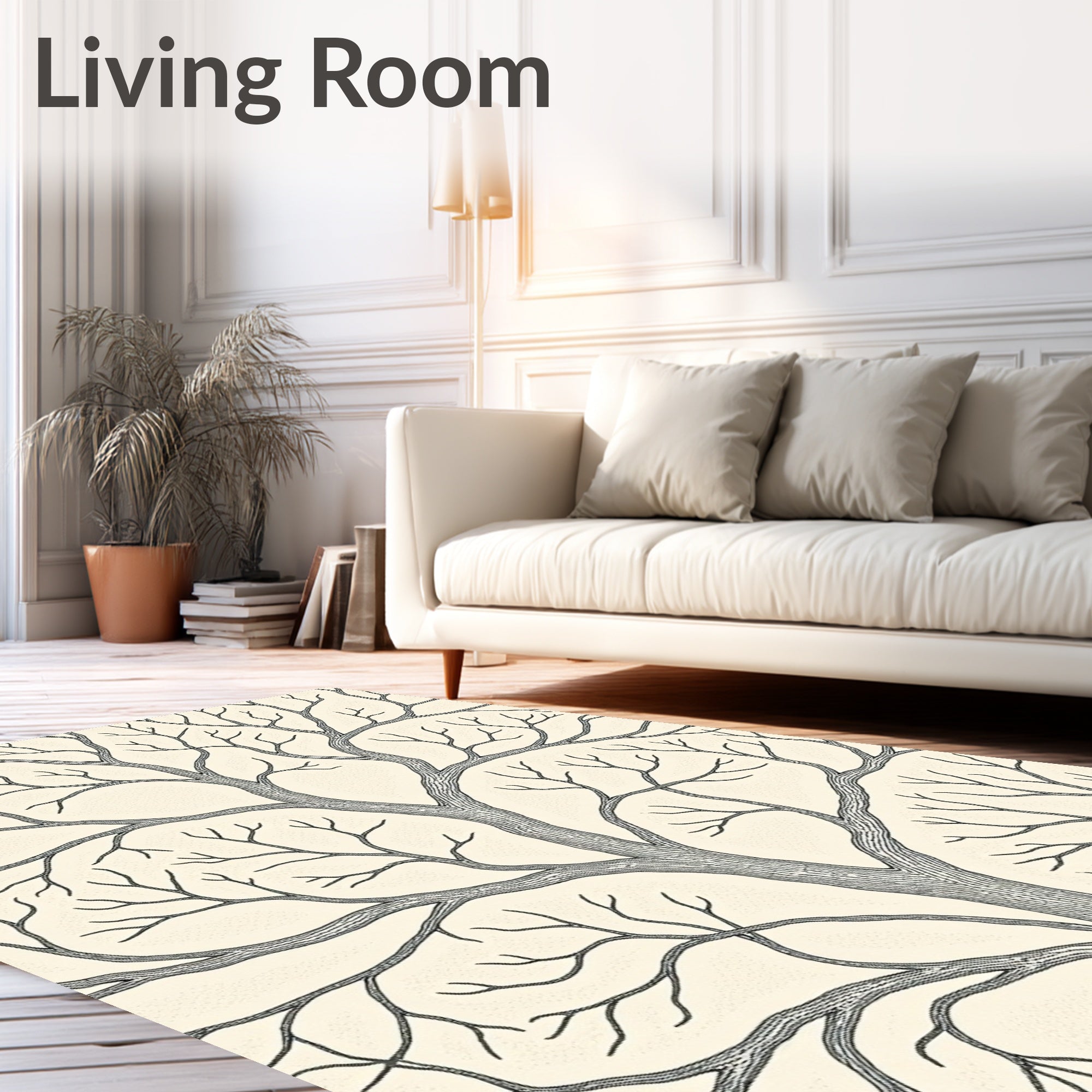 Cream and Charcoal Branchy Tree Illustration Rug
