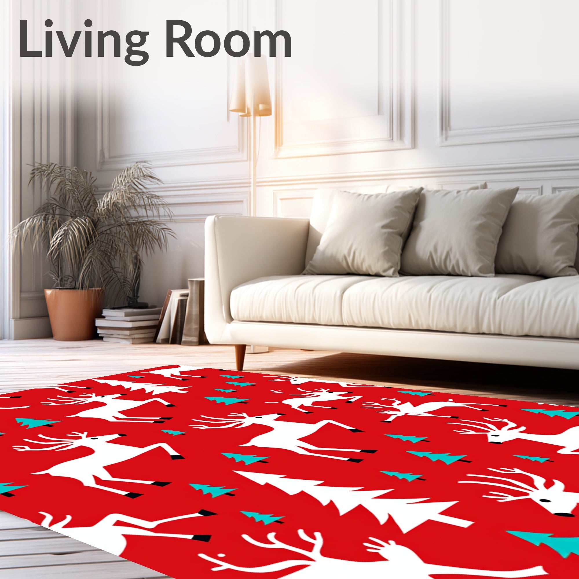 Red White Aqua Reindeer Christmas Trees Rug