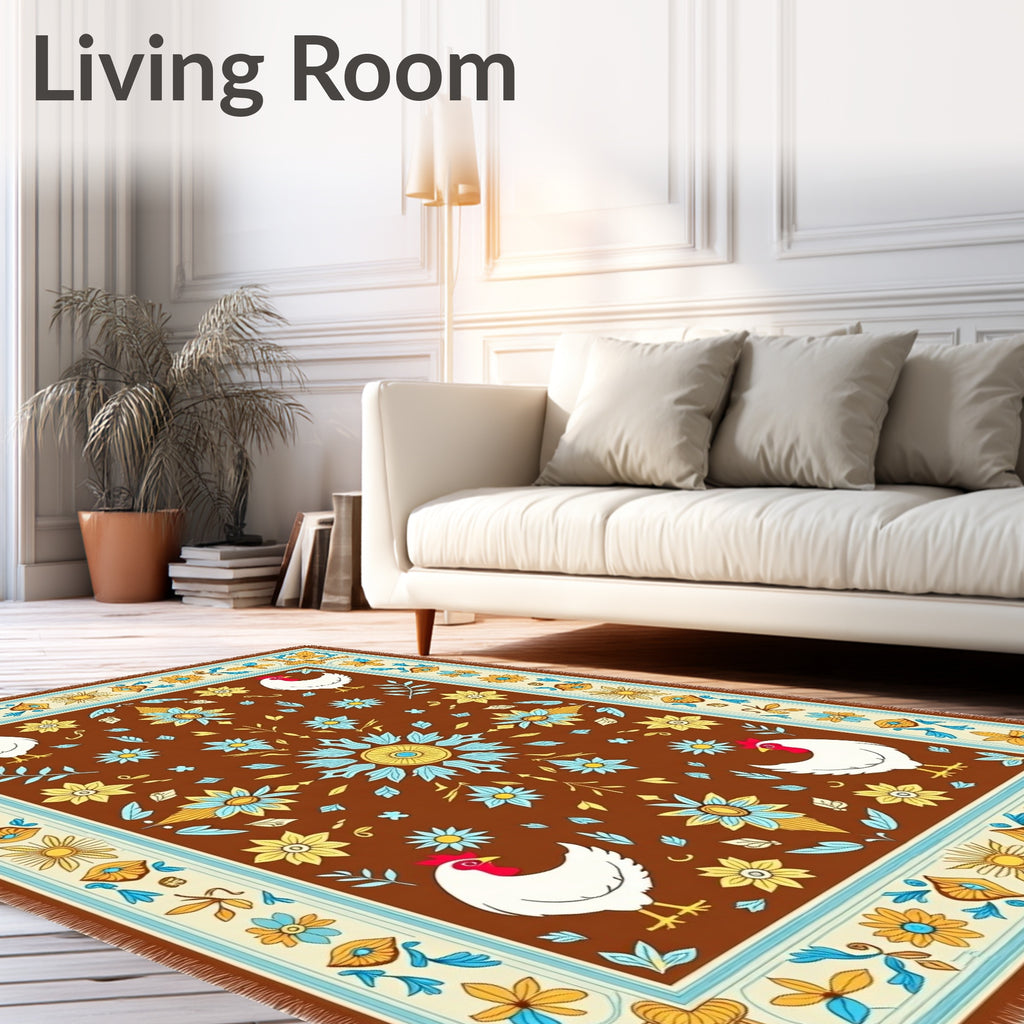 Brown Floral Chicken Folk Art Rug