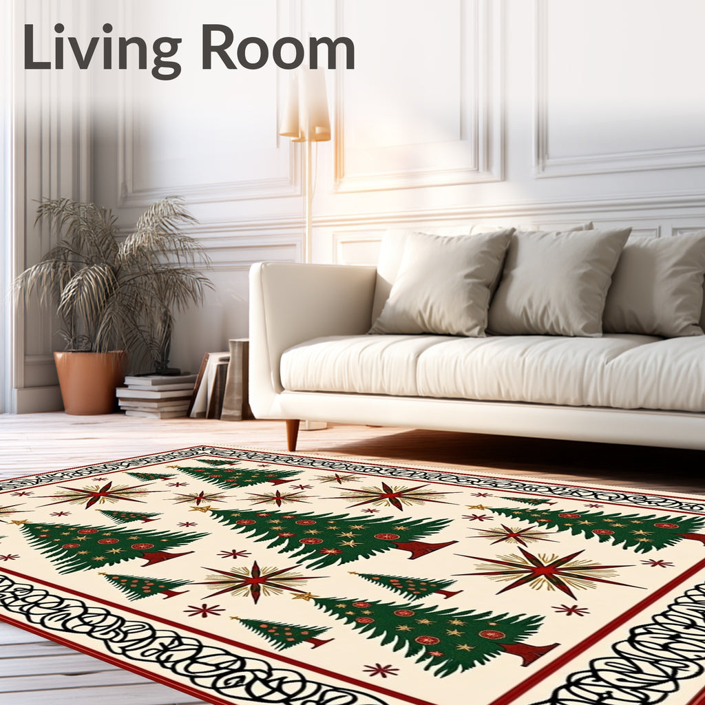Festive Green Trees Red Starburst Border Rug