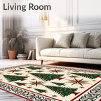 Festive Green Trees Red Starburst Border Rug