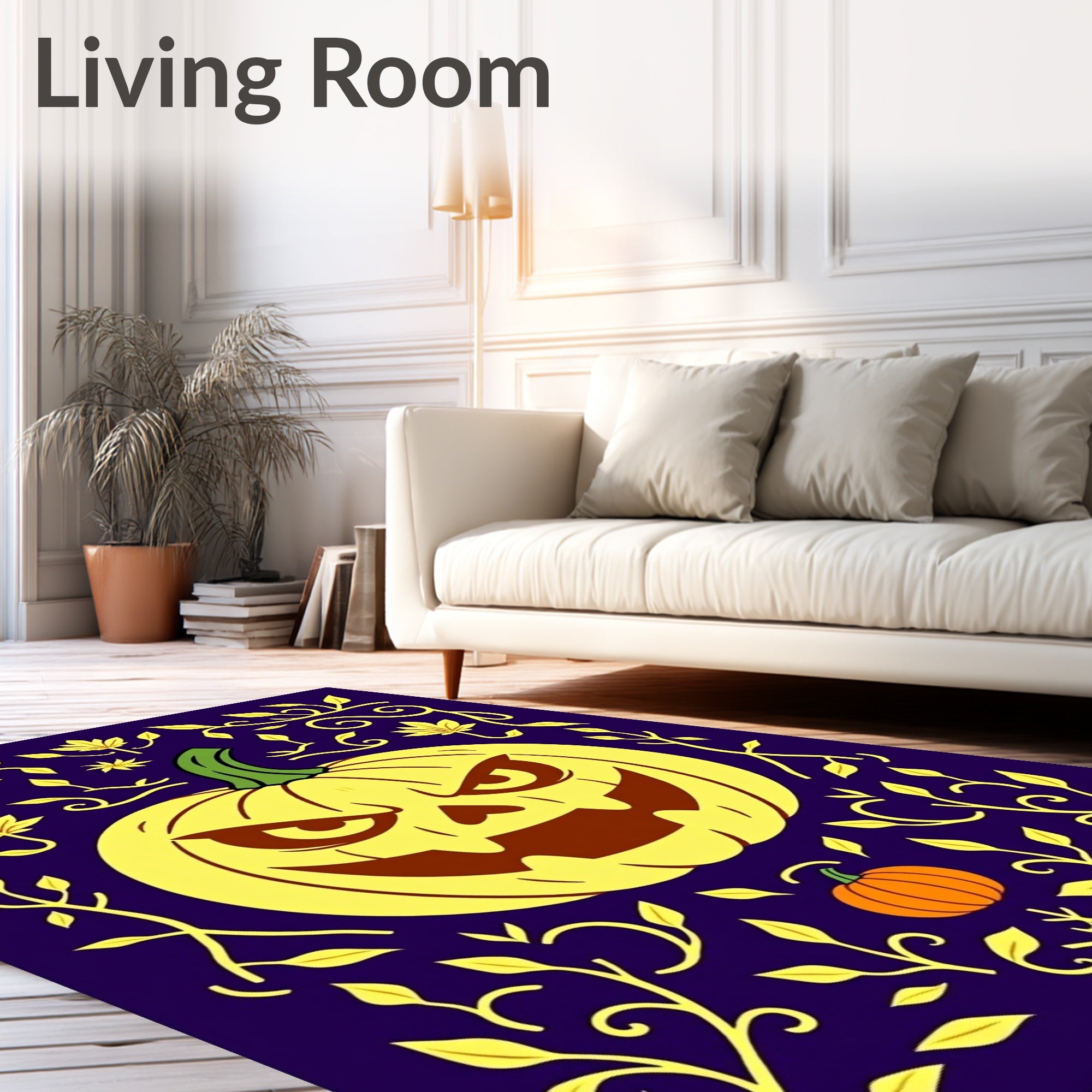 Spooky Yellow Jack O Lantern Floral Accents Rug
