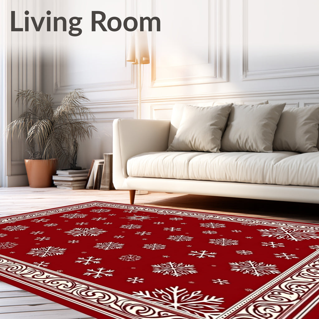 Crimson White Snowflake Holiday Border Rug