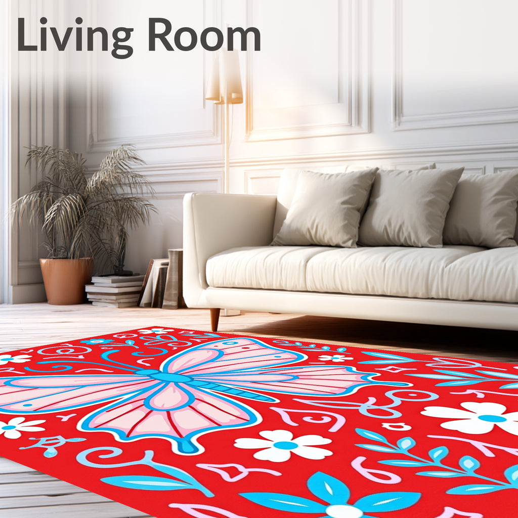 Whimsical Pink Butterfly Floral Collage Rug