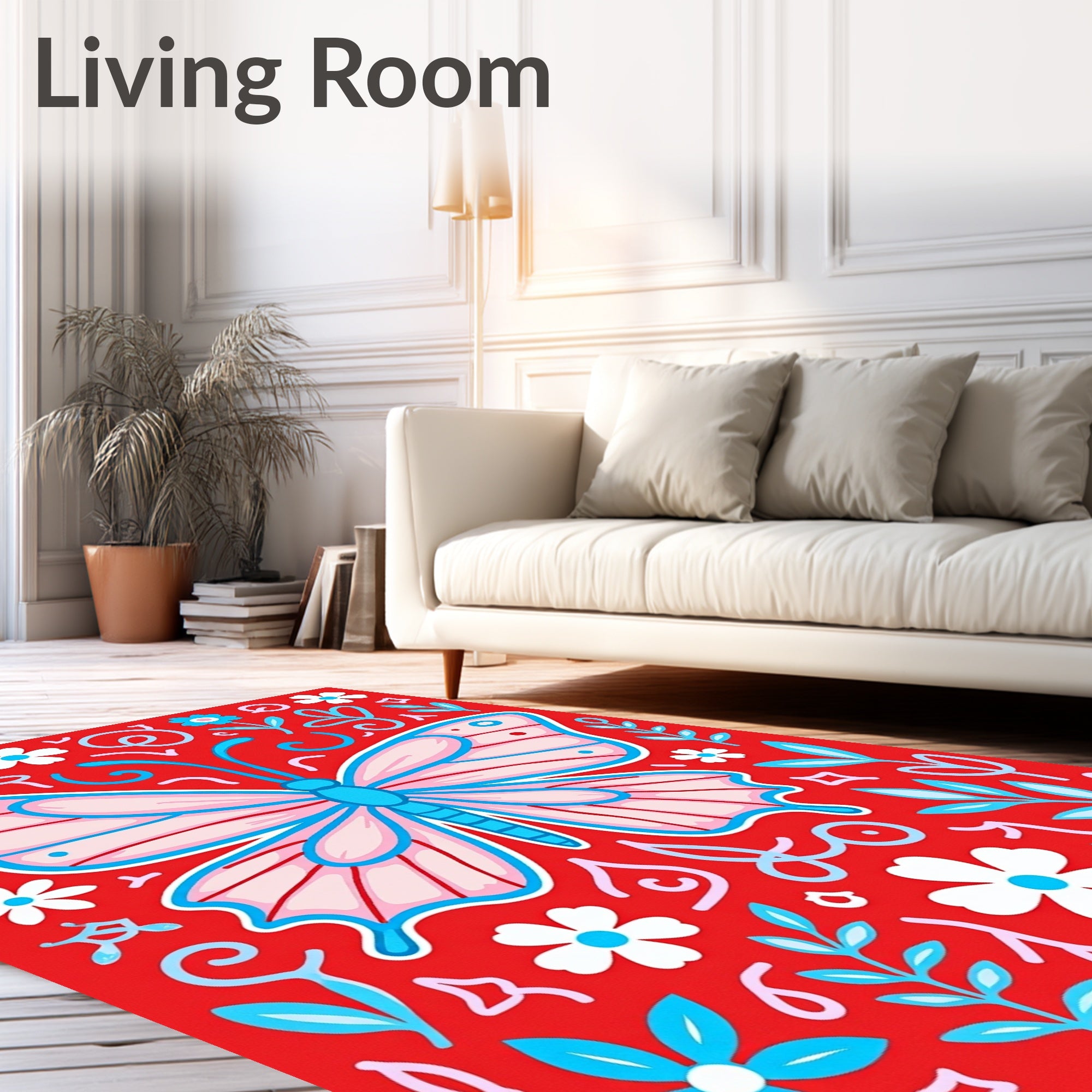 Whimsical Pink Butterfly Floral Collage Rug