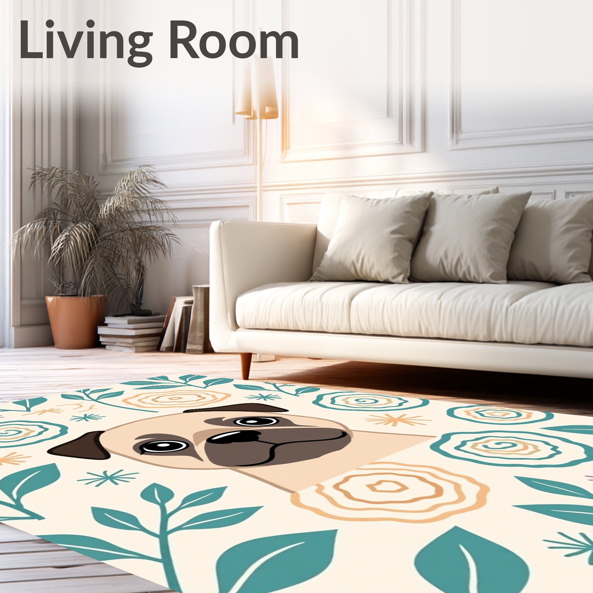Cute Pug Floral Garden Whimsical Rug