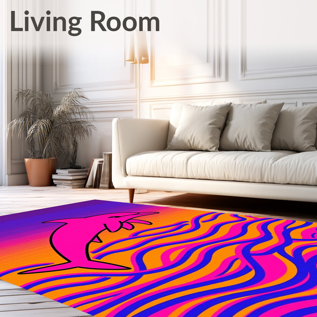 Vibrant Pink Dolphin Over Sunset Waves Rug