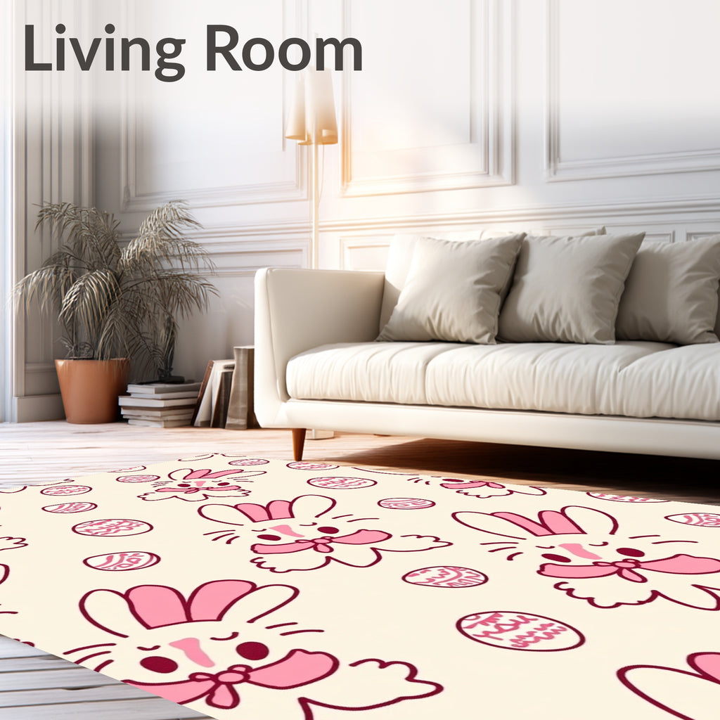 Whimsical Pink Bunny Easter Egg Meadow Rug