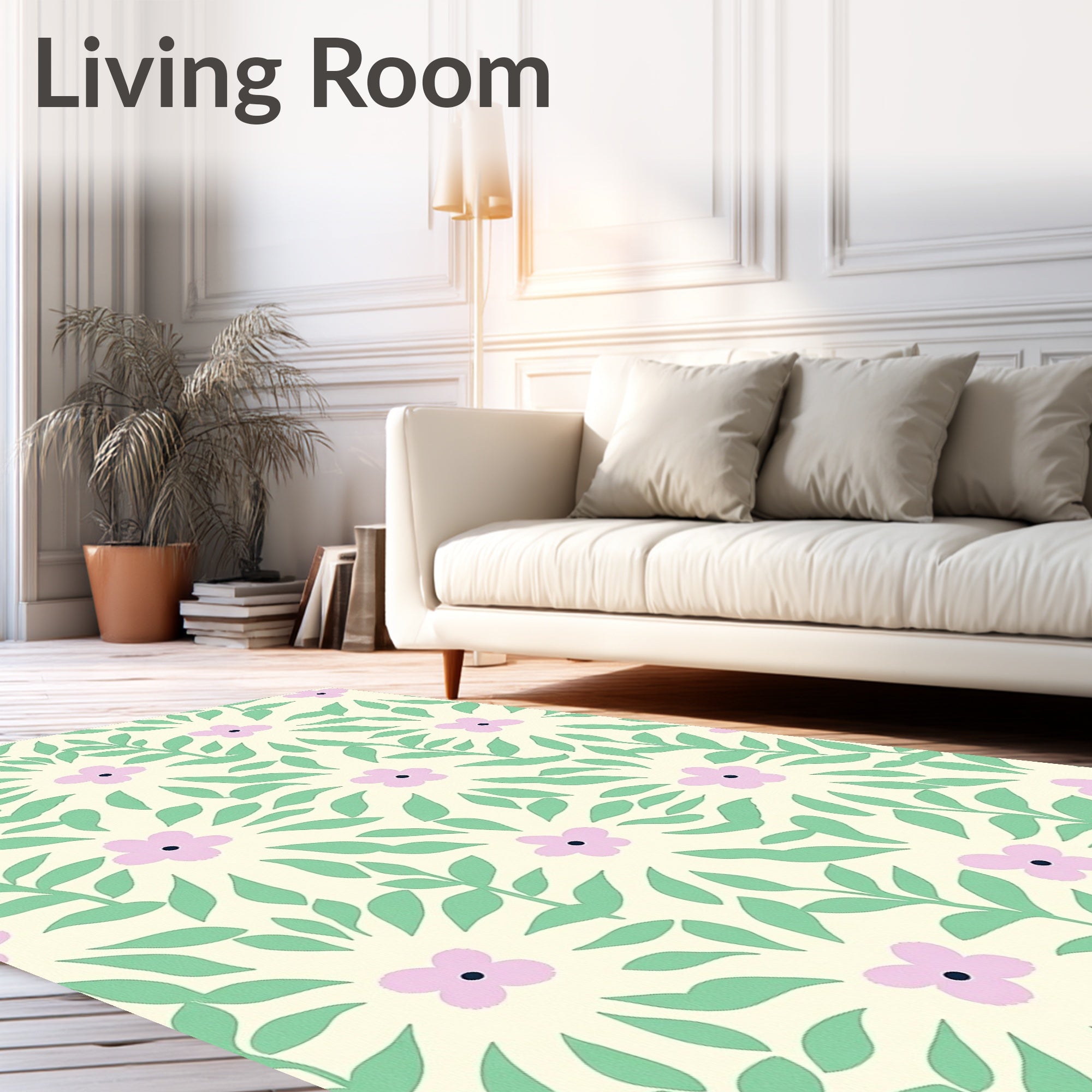 Pale Yellow Pink Floral Leafy Swirl Rug
