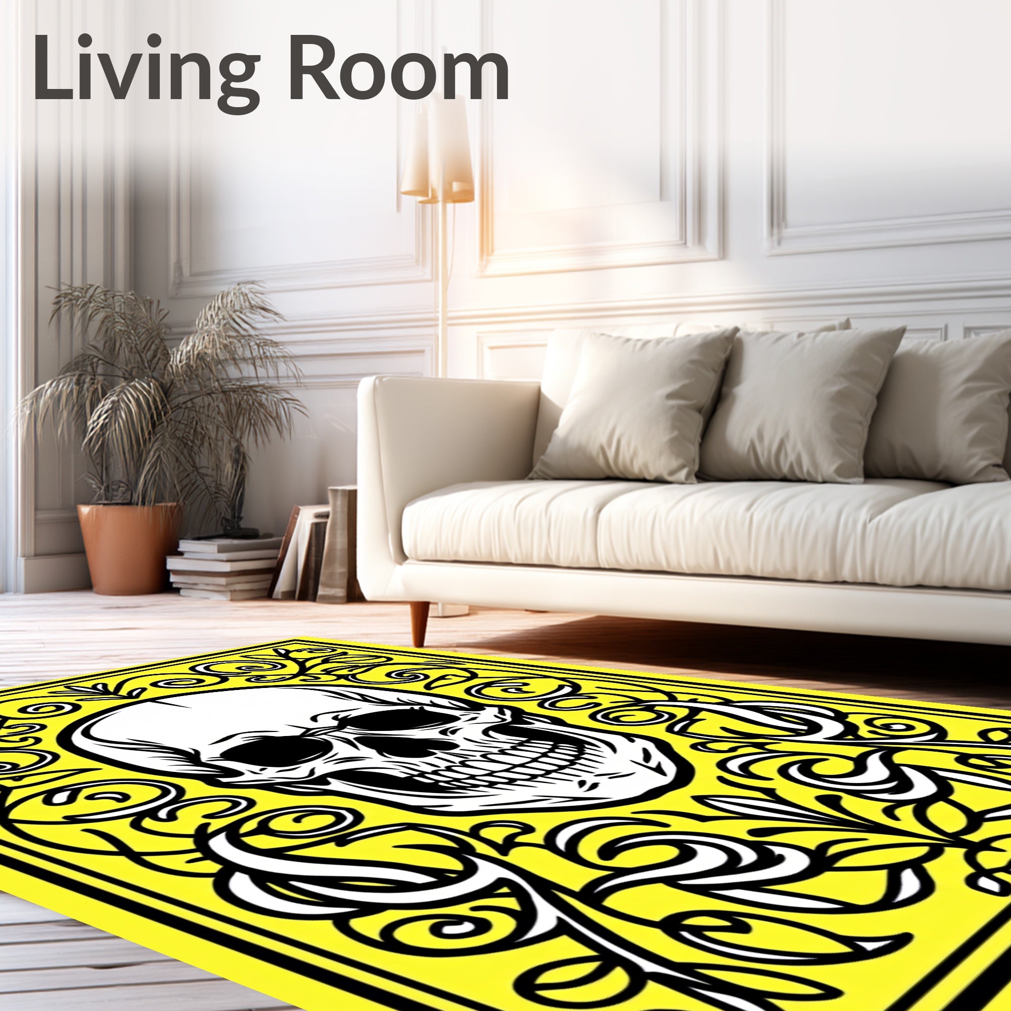 Yellow Skull With Black Floral Frame Rug