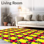 Bold Yellow Red Floral Grid Rug