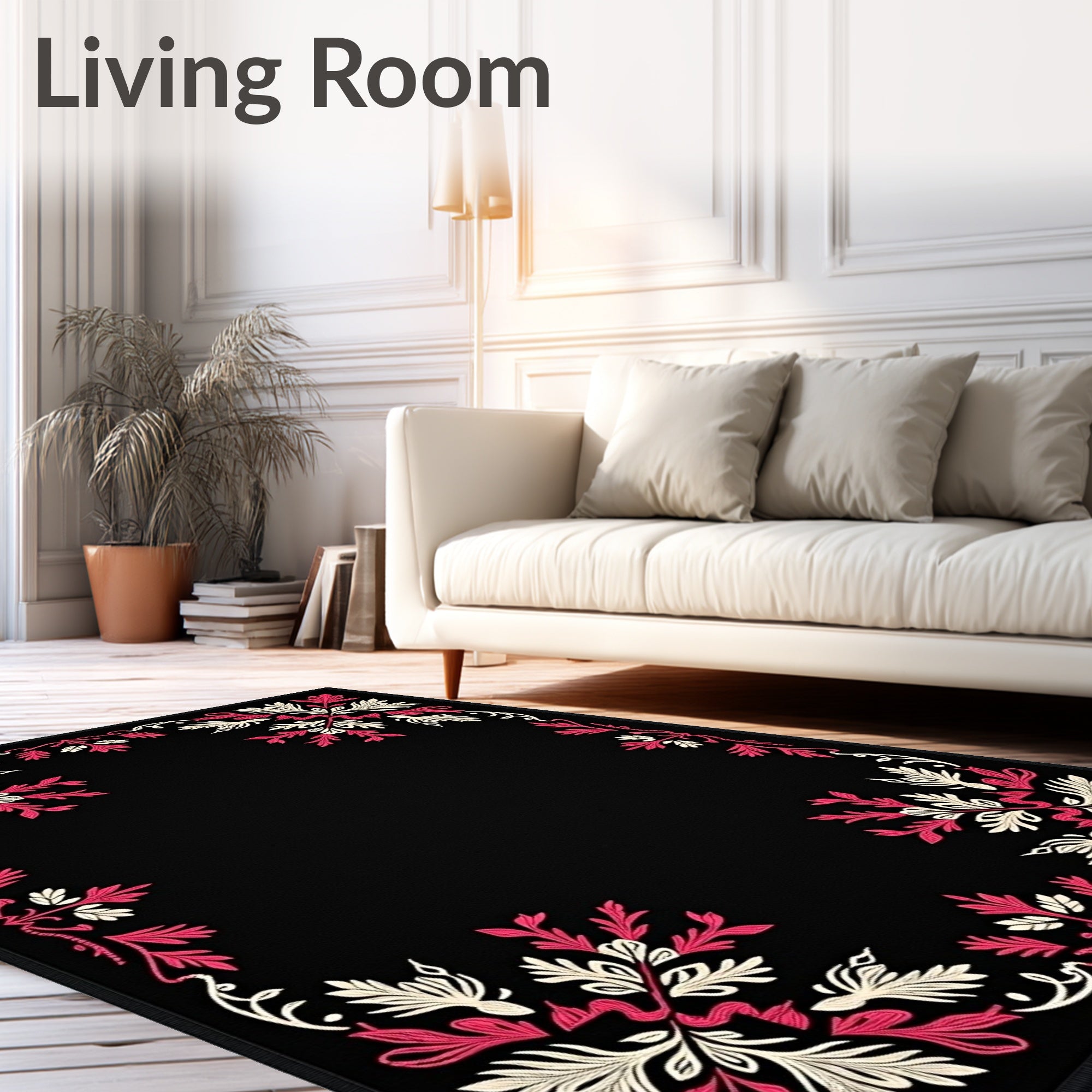 Black Floral Pink Cream Border Rug