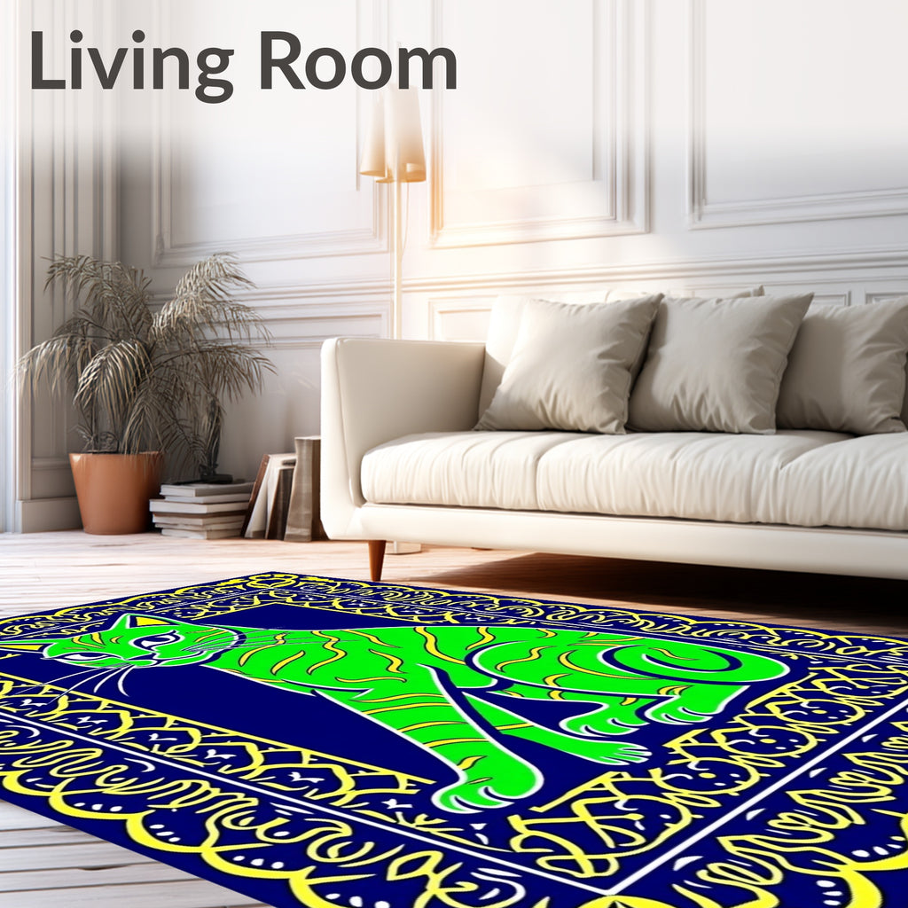 Vibrant Green Cat In Blue Frame Rug