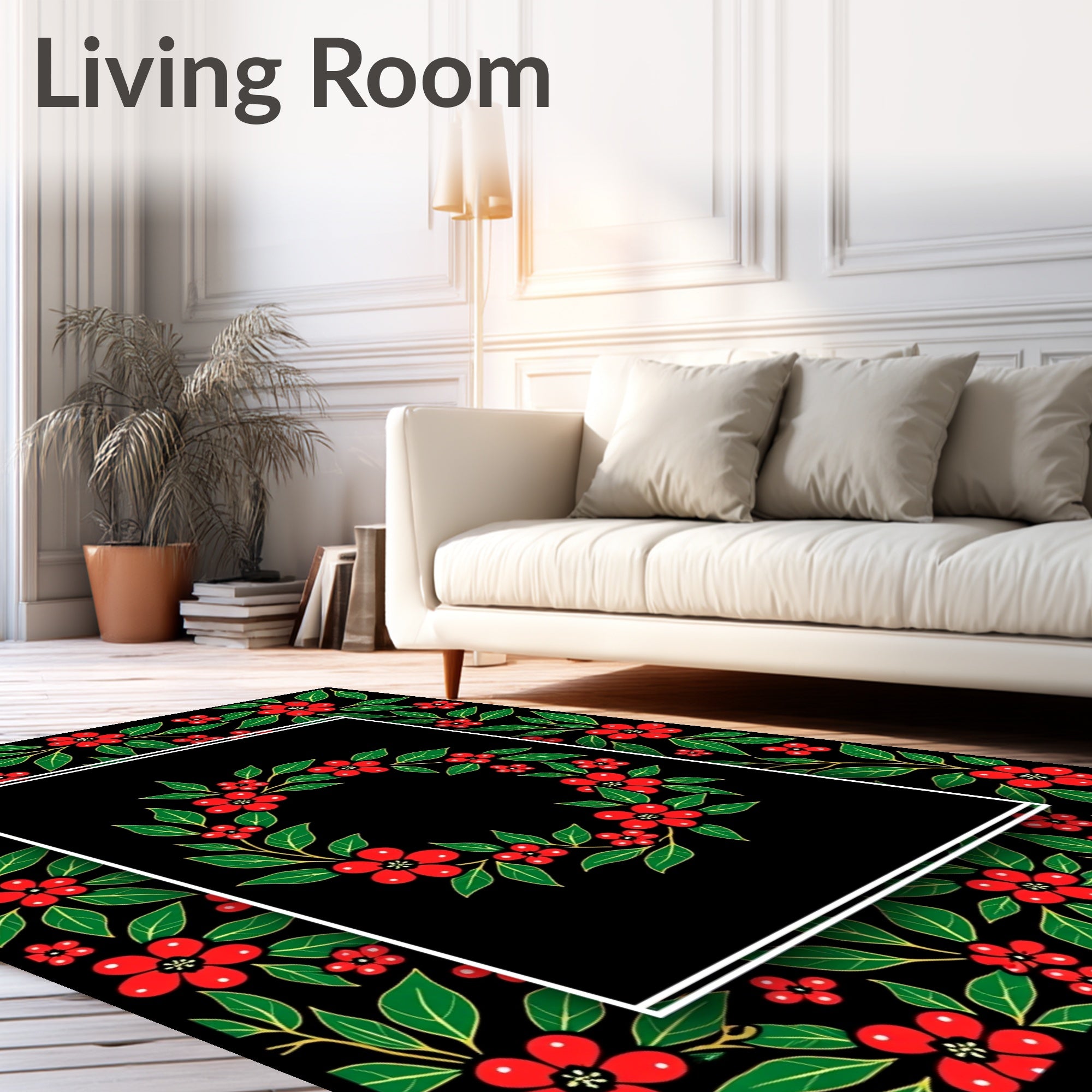 Red Floral Vines Black Garden Rug