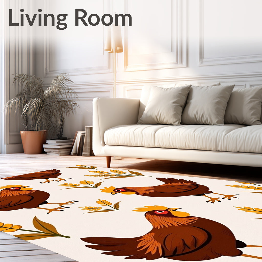 Harvest Rooster Wheat Field Illustration Rug